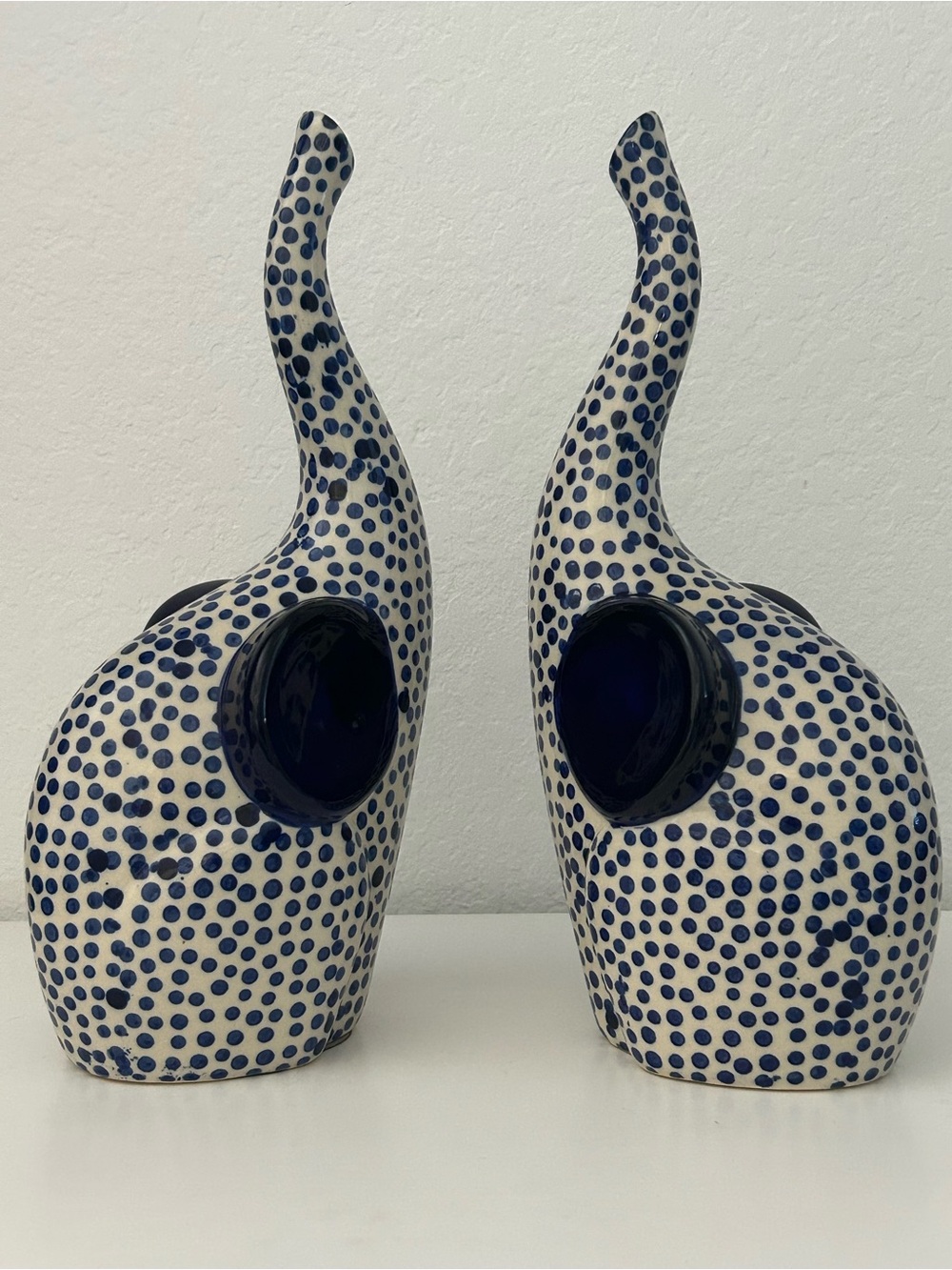 Three Hands Ceramic Blue Dot Elephant Sculptures Abstract Boho Minimalist - Pair